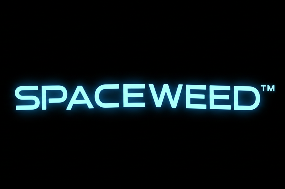 Neon sign with 'SPACEWEED' text on a dark background